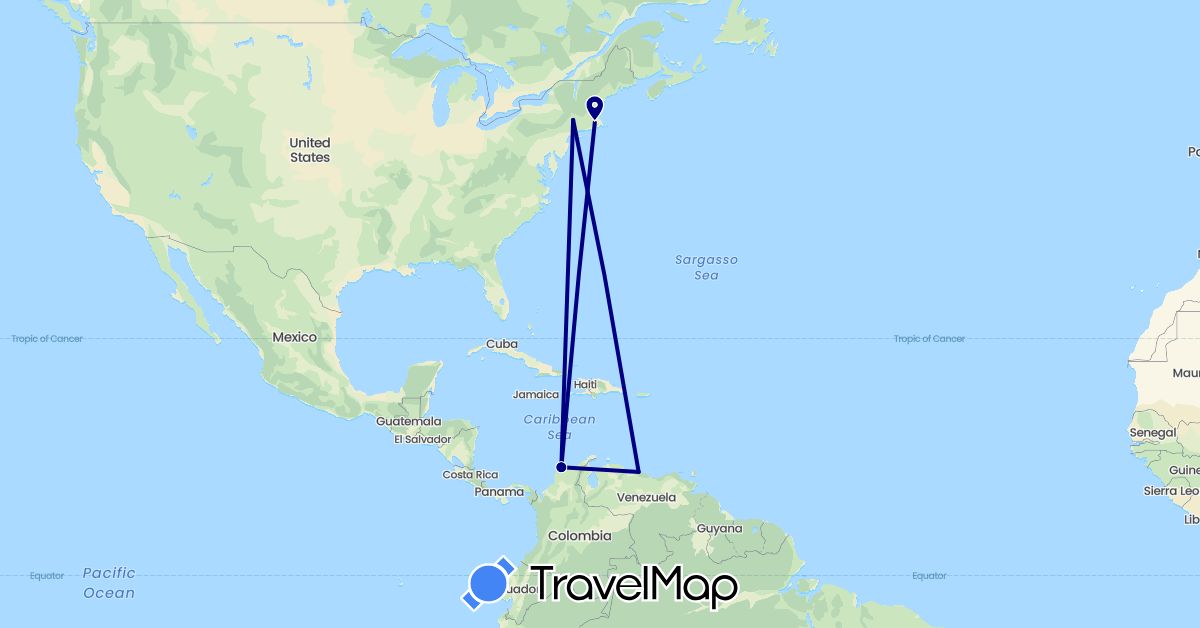 TravelMap itinerary: driving in Colombia, United States, Venezuela (North America, South America)